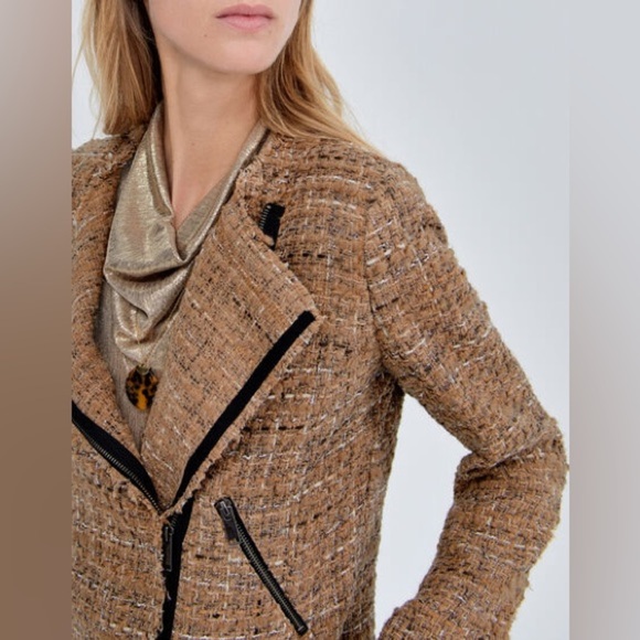 IKKS Pure Edition Jacket‎ Women's Size XL Beige Tweed Silver Asymmetric Zipper - Picture 12 of 13